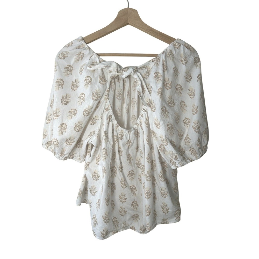 Old Navy Floral Block Stamp Peasant Top XL Puff Sleeve Tie Back Boho Cottage - Picture 2 of 6